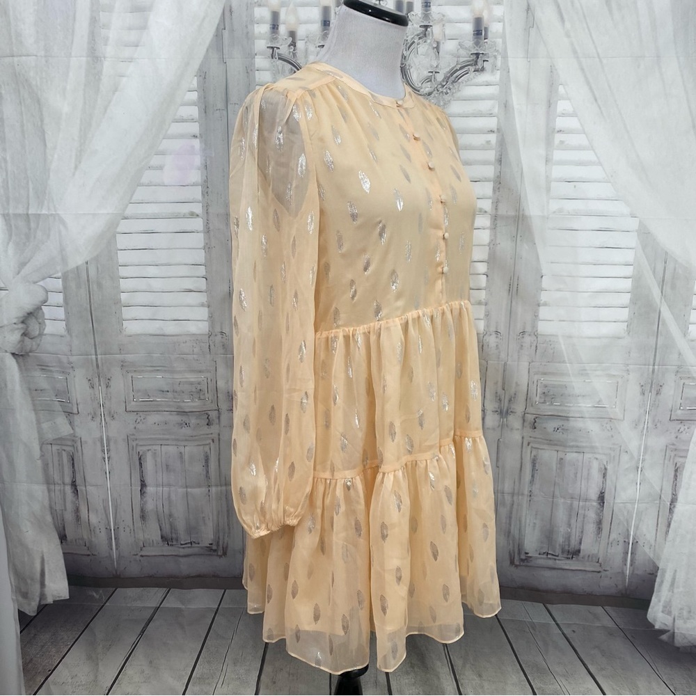 A Loves A Size Small Peach Silver Half Button Babydoll Mini Dress Long Sleeve - Picture 12 of 16